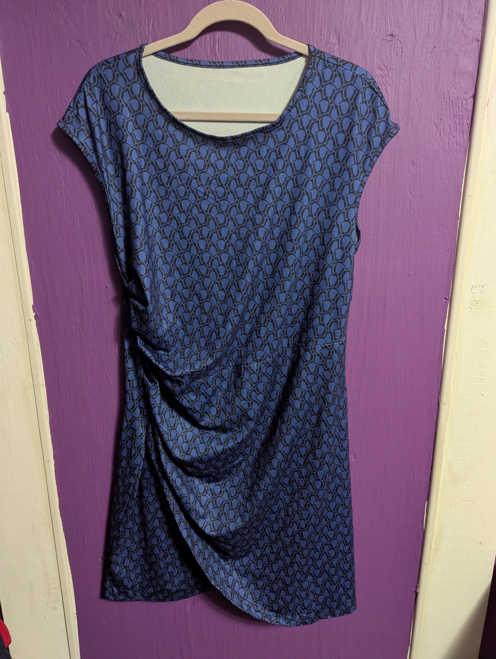 💜 Blue Black Abstract Print Cinched Waist Short Sleeve Midi Dress XXL 16 18